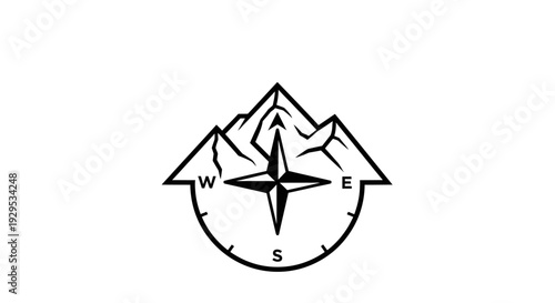 Mountain Peak Outline with Compass Rose for Navigation on Isolated White Background