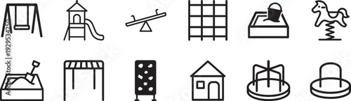 Playground outline icon set with slide, swing and kids activity symbols in thin line style.
