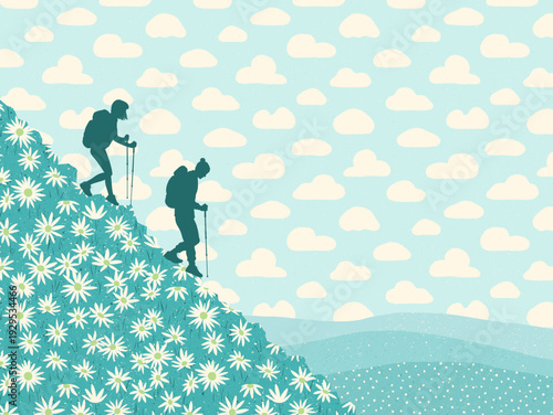 Hiking with trekking poles. Couple walk at flowering hill under clouds