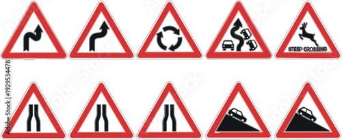 Road Warning Traffic Signs Set Vector Illustration Featuring Curve Ahead, Roundabout, Pedestrian Crossing, Narrow Road and Steep Slope Symbols