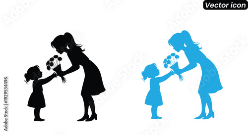 `mother day icon. Woman giving flowers to little girl in silhouette style. 