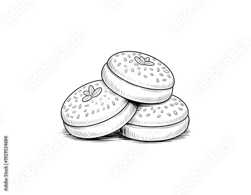 Stack of three classic round cookies with a crisscross pattern on top isolated on transparent background