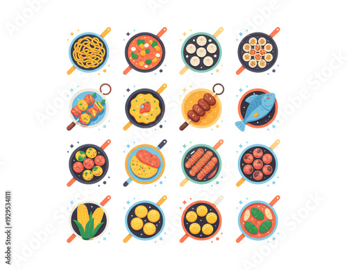 Colorful array of stylized planetary and celestial icons with a cosmic theme isolated on transparent background