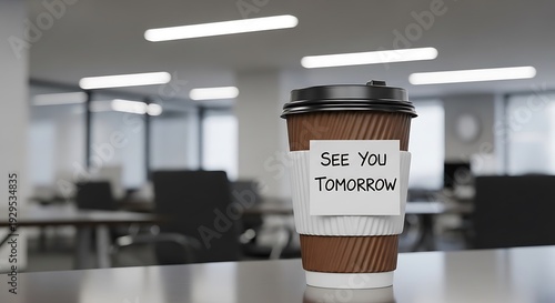 Coffee cup with a note saying see you tomorrow on table in modern office space with desks and chairs