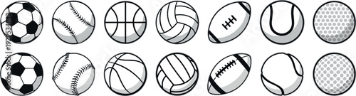 Black and White Sports Ball Icons Set Featuring Soccer, Baseball, Basketball, Volleyball, Rugby and Golf Outline Vector Collection