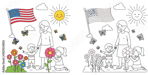 Mother and Children Enjoying Nature with American Flag - Patriotism and Childhood Joy