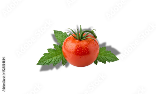 Fresh Red Tomato with Green Leaves Isolated on White Background