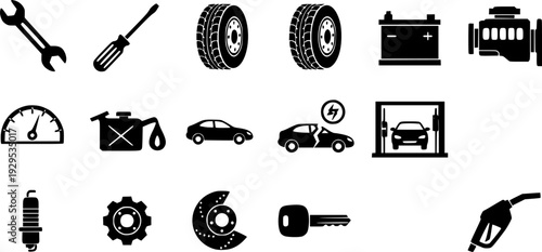 Automotive vehicle parts and car repair service black silhouette icons for maintenance diagrams or garage workshop applications.