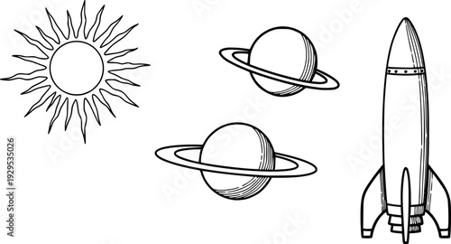 Simple hand drawn space elements featuring a sun, ringed planets, and a rocket