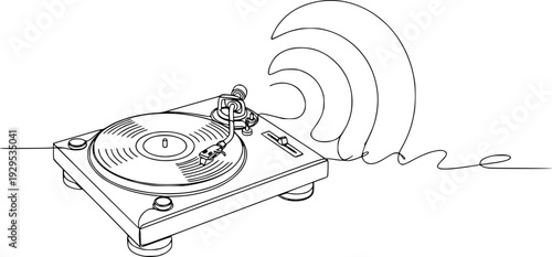 Minimalist continuous line drawing of a vinyl record player generating sound waves