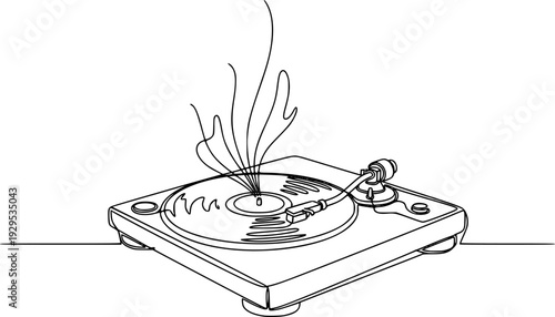 Minimalist continuous line drawing of a vinyl record player generating sound waves
