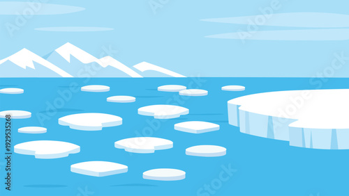Simple flat Arctic illustration with scattered ice floes on calm blue water and snowy mountains in the background, vector style. 