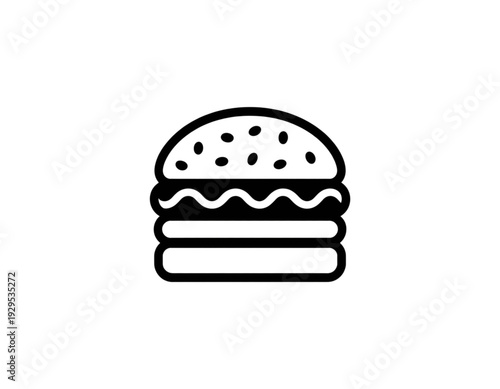 Simple black and white illustration of a classic cheeseburger with sesame seed bun isolated on transparent background