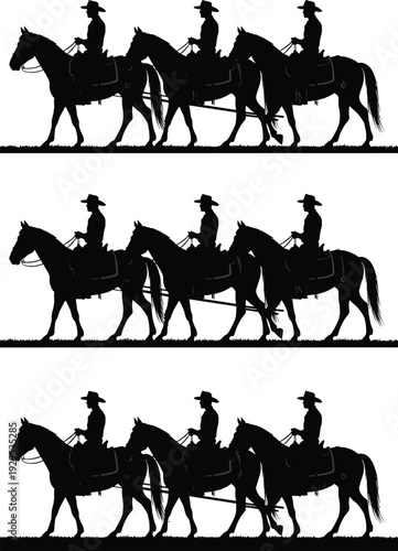 Cowboy Riders on Horseback Silhouette Set Isolated on White Background, Western Ranch Scene Vector Illustration for Rodeo, Country Lifestyle and Wild West Design