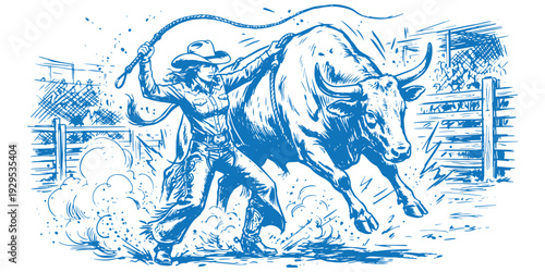 Cowboy Bull Riding Vintage Western Engraving Illustration.