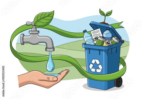 Water conservation and recycling bin illustration.
