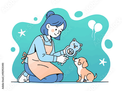 A smiling woman gently grooms a happy dog with clippers, capturing a heartwarming moment of pet care and love, perfect for pet-related businesses and services