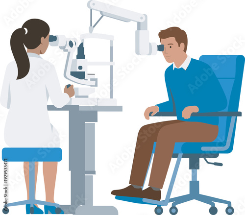 Medical illustration of optometrist performing eye examination with slit lamp biomicroscope on patient, highlighting ophthalmology care, vision testing, and ocular health procedures in clinical 