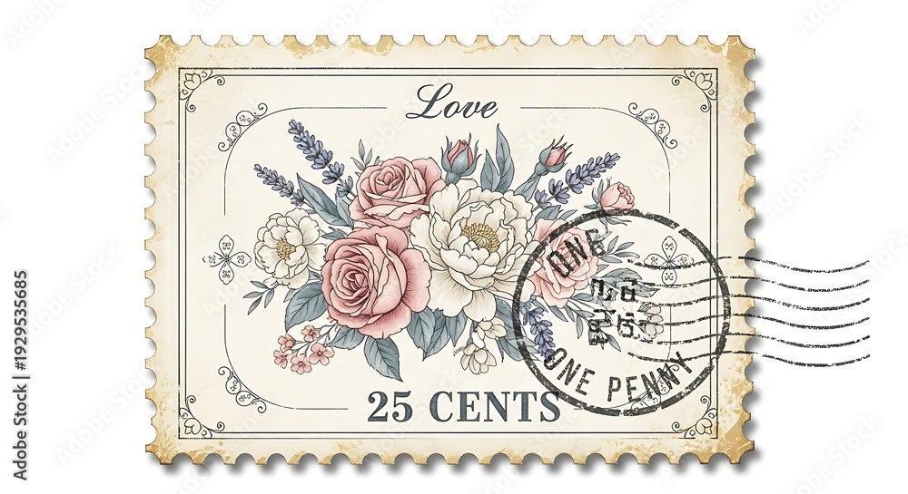 Obraz premium Vintage floral postage stamp design with roses and lavender illustration
