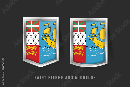 Vector illustration of Saint Pierre and Miquelon flag on 3D metallic shields. Yellow ship on blue sea with Basque, Breton, and Norman symbols. National emblem for identity and heritage