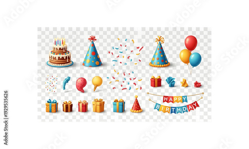 
Colorful Birthday Party Elements Isolated on Transparent Background
