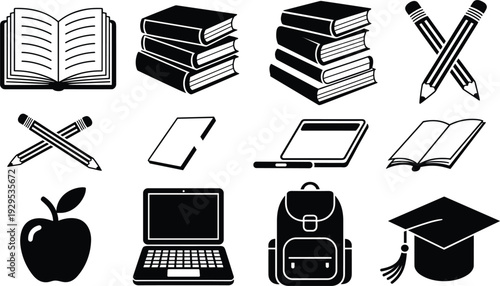 Assortment of educational icons including books, pencils, laptop, and graduation cap open book stack of books