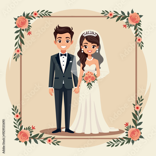 cartoon wedding couple in frame with floral decoration on beige background, for invitation cards, bridal blogs and marriage anniversary websites