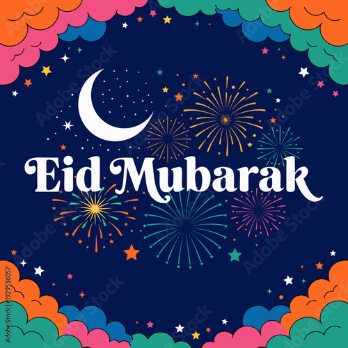 Eid Mubarak text illuminated Animation by fireworks and crescent moon in a night sky, celebrating Islamic festivals and joyful occasions. vector icon
