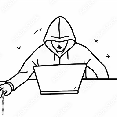 Anonymous Hacker Typing on Laptop - Line Art