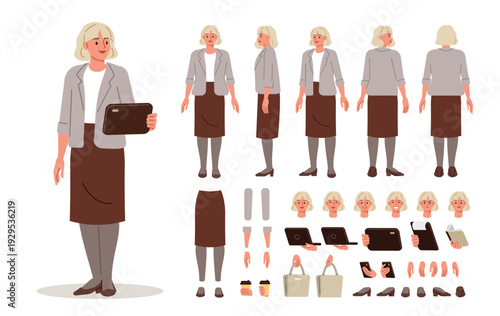 Fotografie Corporate woman wearing business casual outfit with blazer and skirt holding tablet