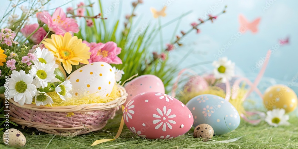 Fototapeta premium Happy Easter greeting scene with colorful eggs nest flowers and spring decor.
