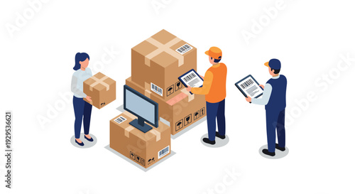 people checking large cardboard packages with barcode scanners in isometric style for logistics and inventory management