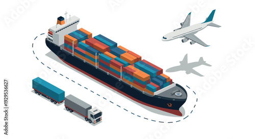 cargo ship airplane and truck transport logistics set in isometric style
