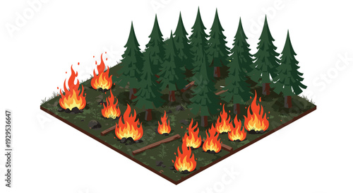 isometric forest with pine trees and multiple wildfires flames hand drawn environmental disaster illustration