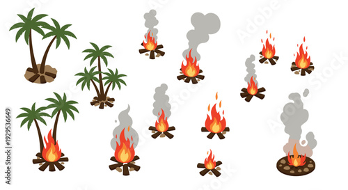 set of hand drawn campfire fire flames with smoke and tropical palm trees in colorful vector style for outdoor camping and nature illustration