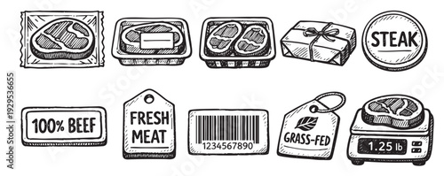 Hand drawn illustration featuring steak packaged in various ways, including trays, paper wrapping, and weighed on a scale, ideal for butcher shops, or food blogs.