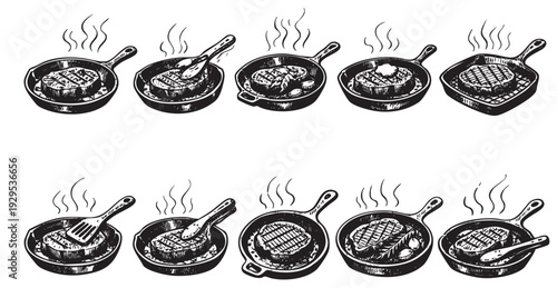 Black and white sketch of various steaks cooking in cast iron skillets with butter, seasonings and utensils, an illustration for cooking or menu designs.