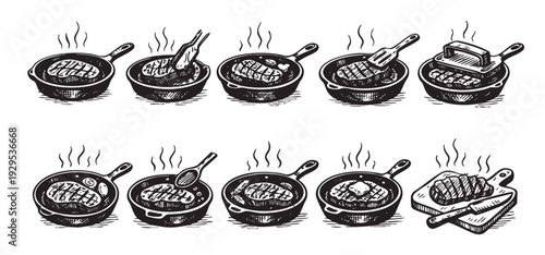 Hand-drawn illustration featuring meat cooking in cast iron pans and on a cutting board, rendered in a sketch style, ideal for menus or food blogs.