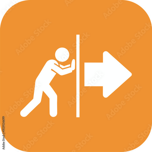 A white stick figure pushing against a barrier with a large arrow indicating forward movement on an orange background.