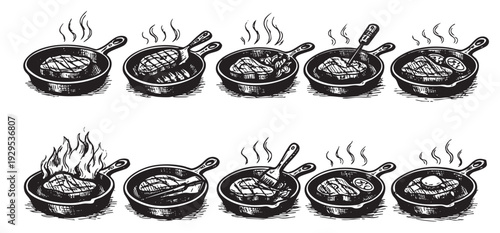 Illustrated collection showing steak cooking stages in skillets. Vector graphics, isolated on white. Food preparation, culinary arts, and restaurant concepts.
