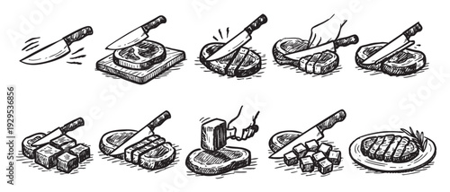 Black and white sketch illustrations show various meat preparation steps including cutting steak into slices and cubes, ideal for culinary or food service concepts.