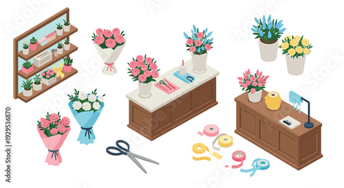 isometric flower shop interior with bouquets potted plants scissors and ribbon flat design illustration