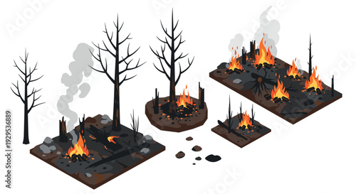 isometric burned forest with fire flames smoke and dead trees collection illustration
