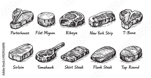 Hand-drawn illustration featuring various steak cuts, including porterhouse, ribeye, filet mignon, tomahawk and more on a white background. Perfect for menus, cookbooks, or butcher shop visuals.