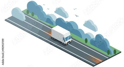 white delivery truck moving fast on road with motion blur isometric illustration