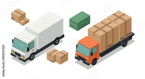 isometric delivery truck and cargo boxes set in flat style for logistics and shipping