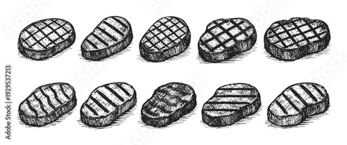 Hand drawn grilled steak vector pattern on a white background, perfect for barbecue or restaurant themed designs and illustrations with its monochrome look.