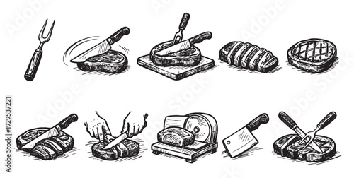 Hand-drawn set of beef steak preparation sketches, featuring knives, forks, meat slicer, and hands preparing various cuts, ideal for culinary themes, menus, or restaurant concepts.