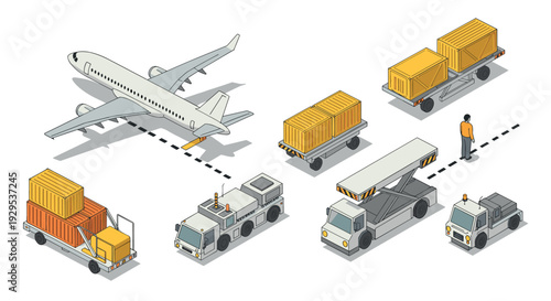isometric airplane cargo loading trucks containers and worker set in hand drawn style
