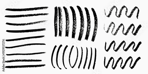 Abstract brushstrokes in black varied lines and textures on white